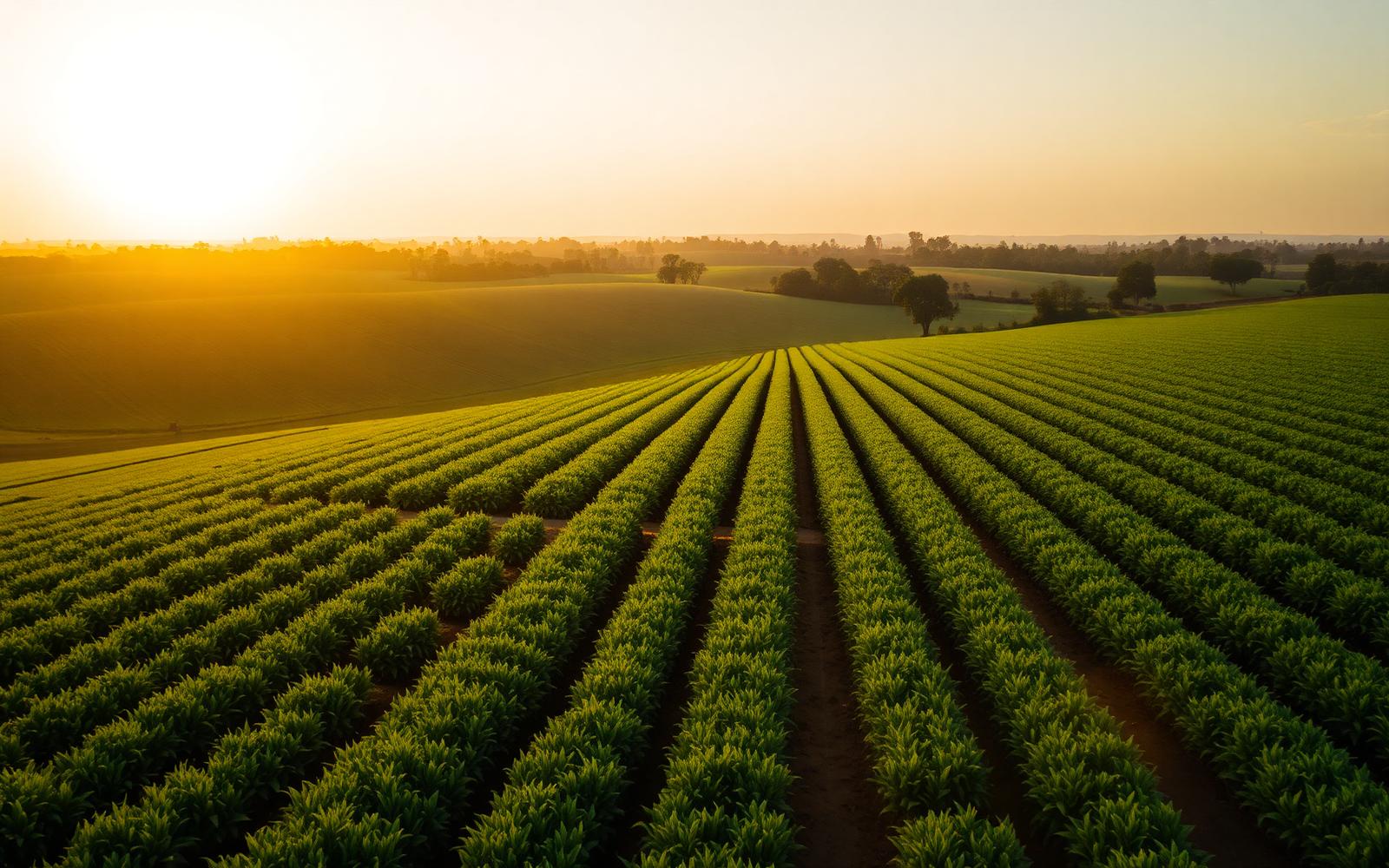 Aerial view of a lush green farm at sunrise
